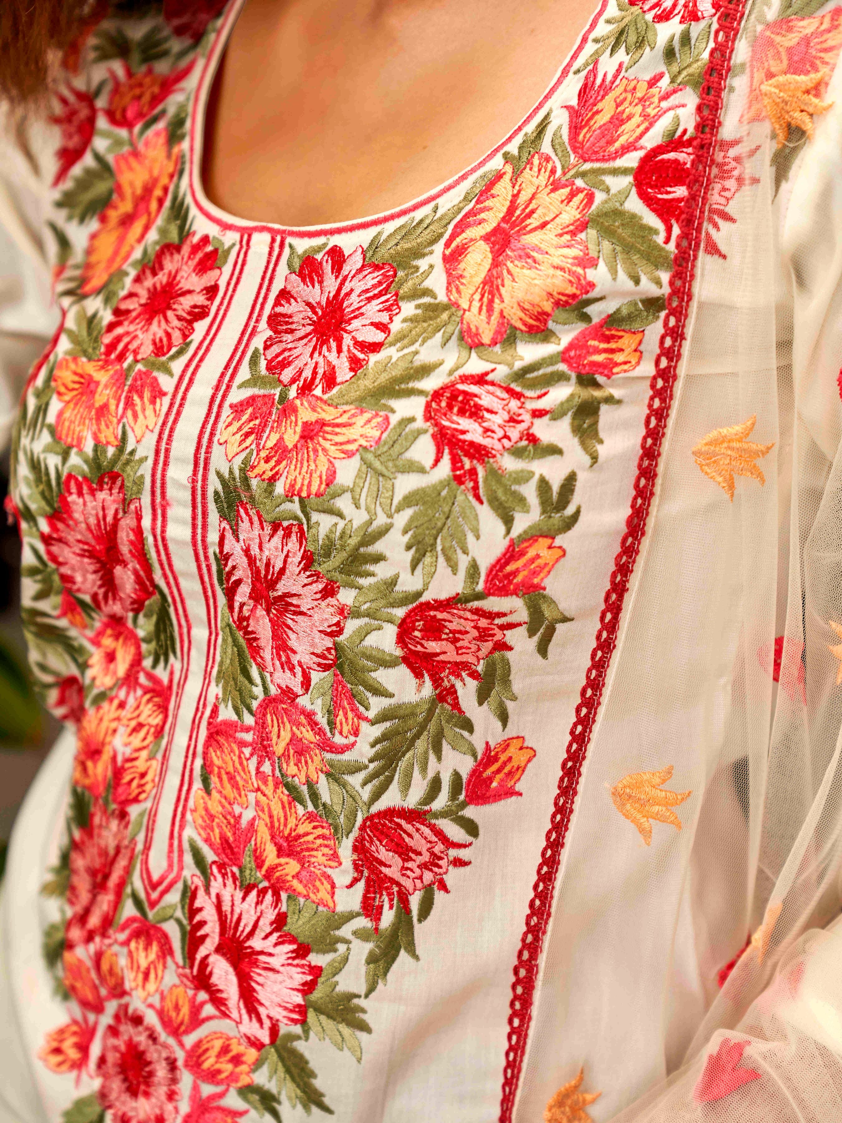 Floral Embroidered Cotton Blend Kurta with Trousers & Dupatta